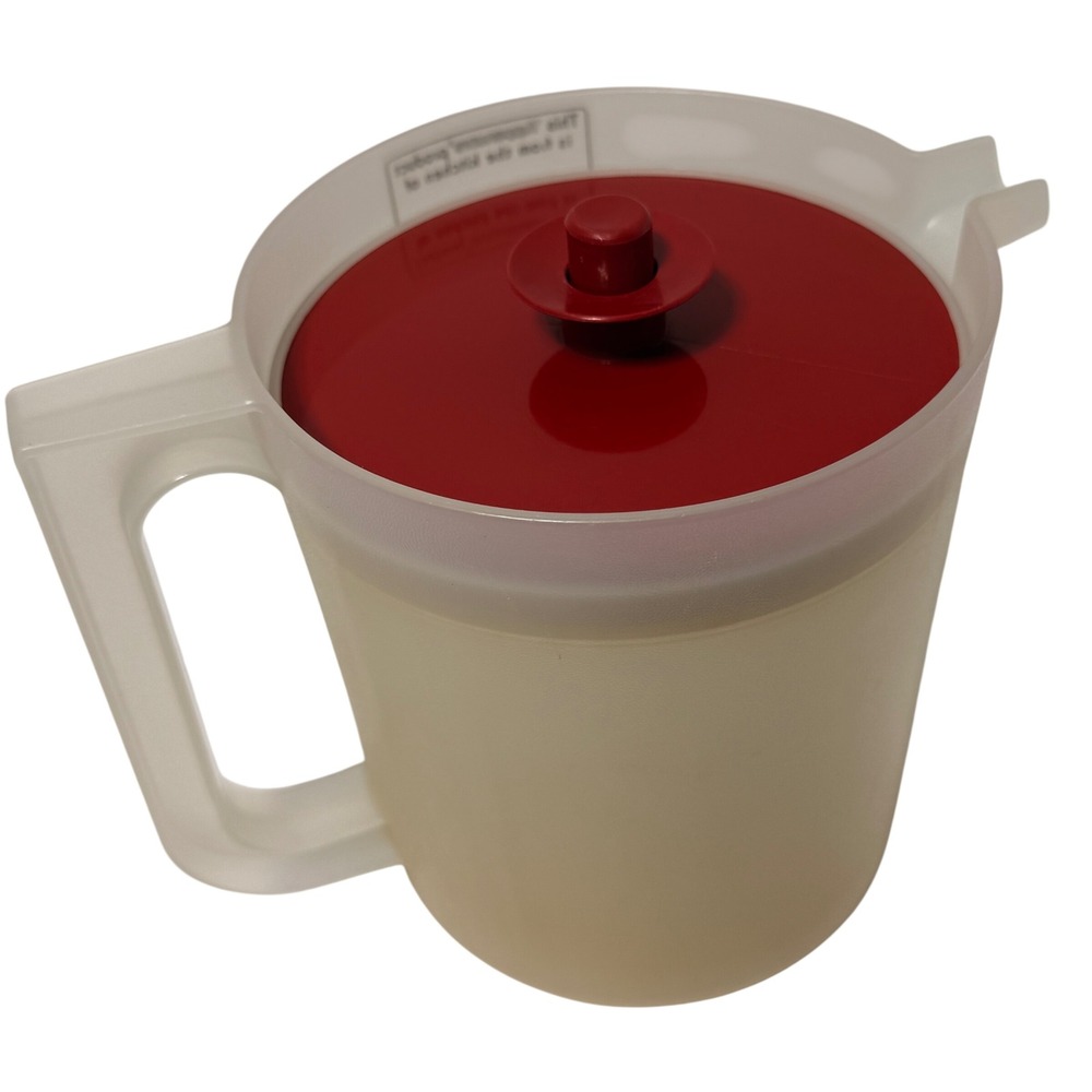 Vintage Tupperware 1 Quart Pitcher Red Push Button Sunburst Lid Made in USA *